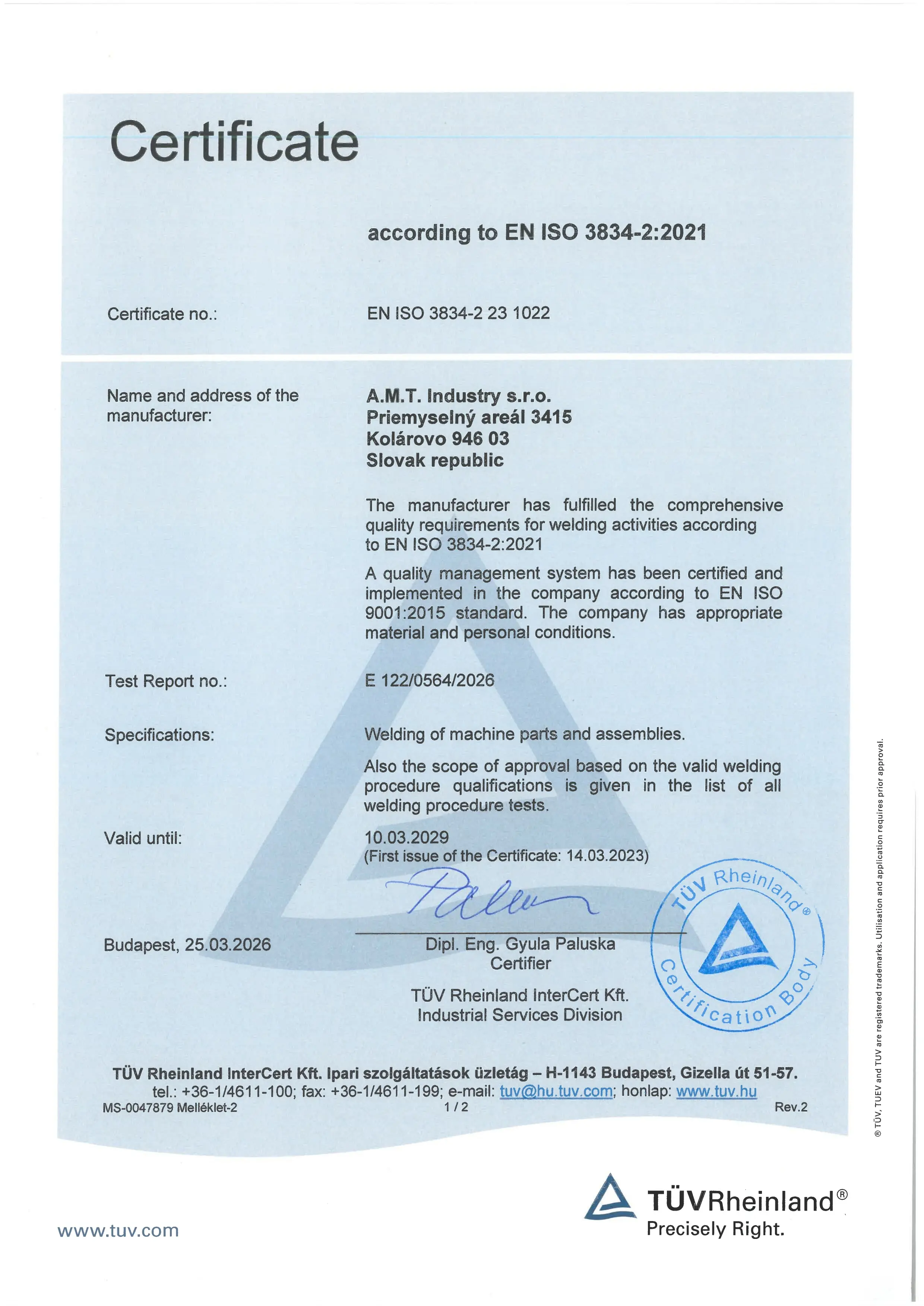 EN ISO 3834-2:2021 certificate